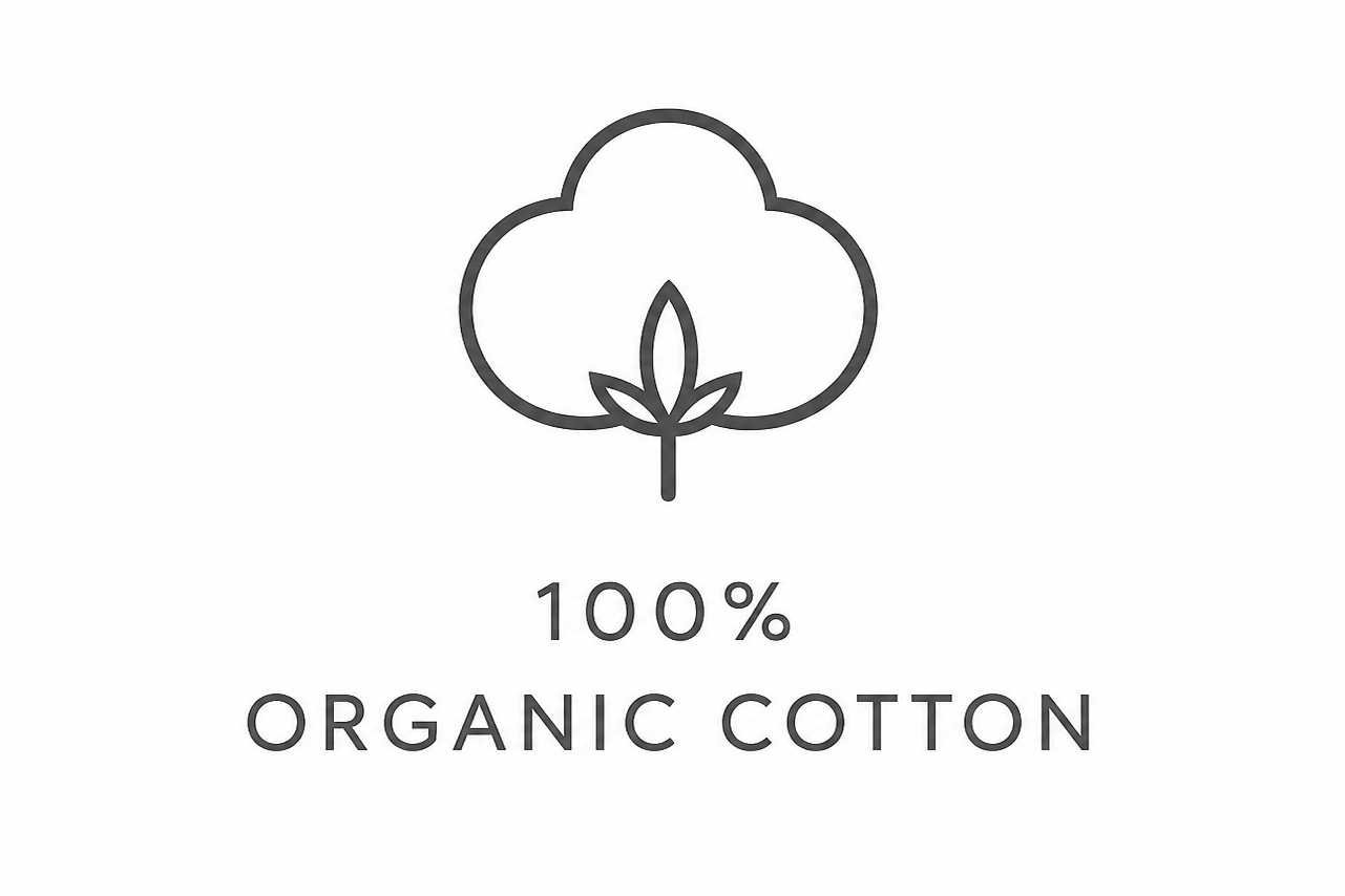 100% organic cotton logo with a tree and leaf symbol on a white background